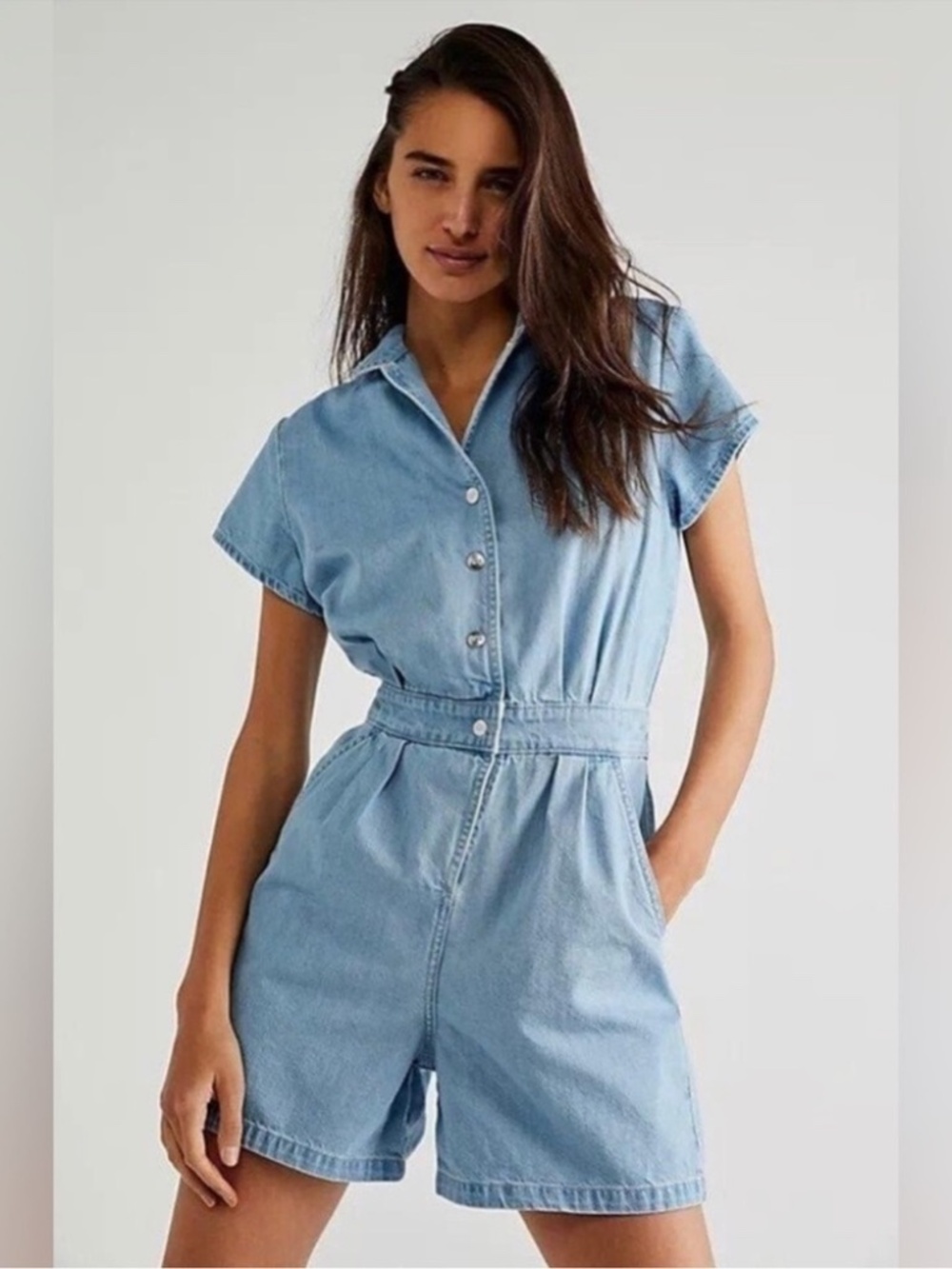 Lee x Free People Short Union-Alls in Super Bleach L